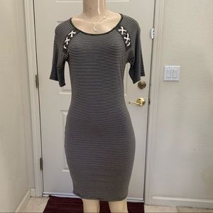 “HEART AND HIPS” Khaki Green & white striped dress